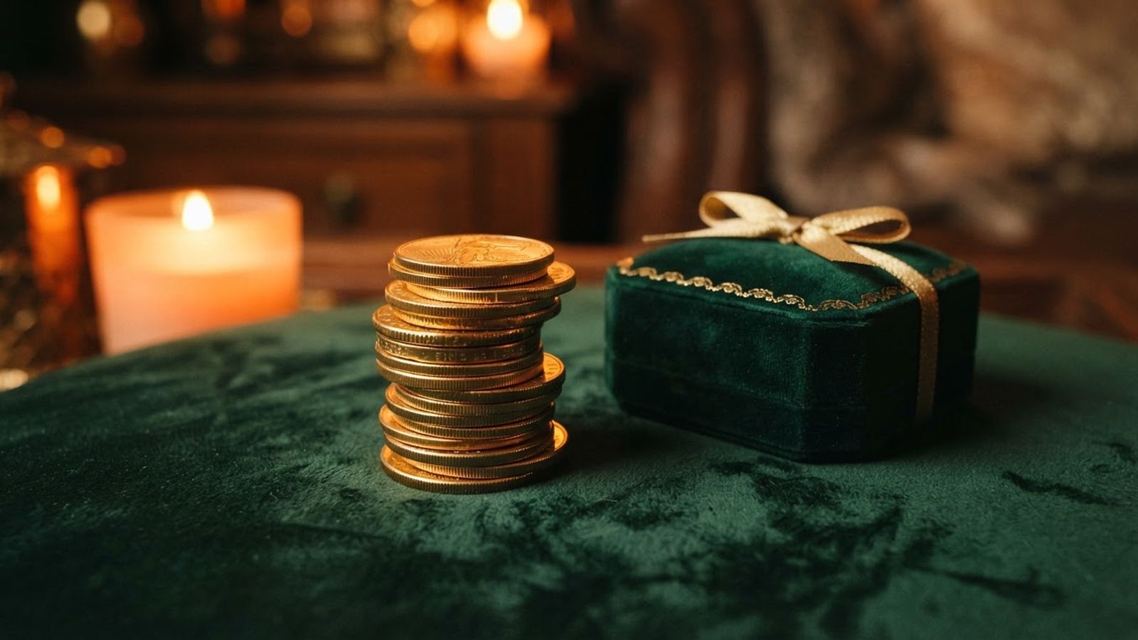 Pile de pièces dorées et coffret cadeau