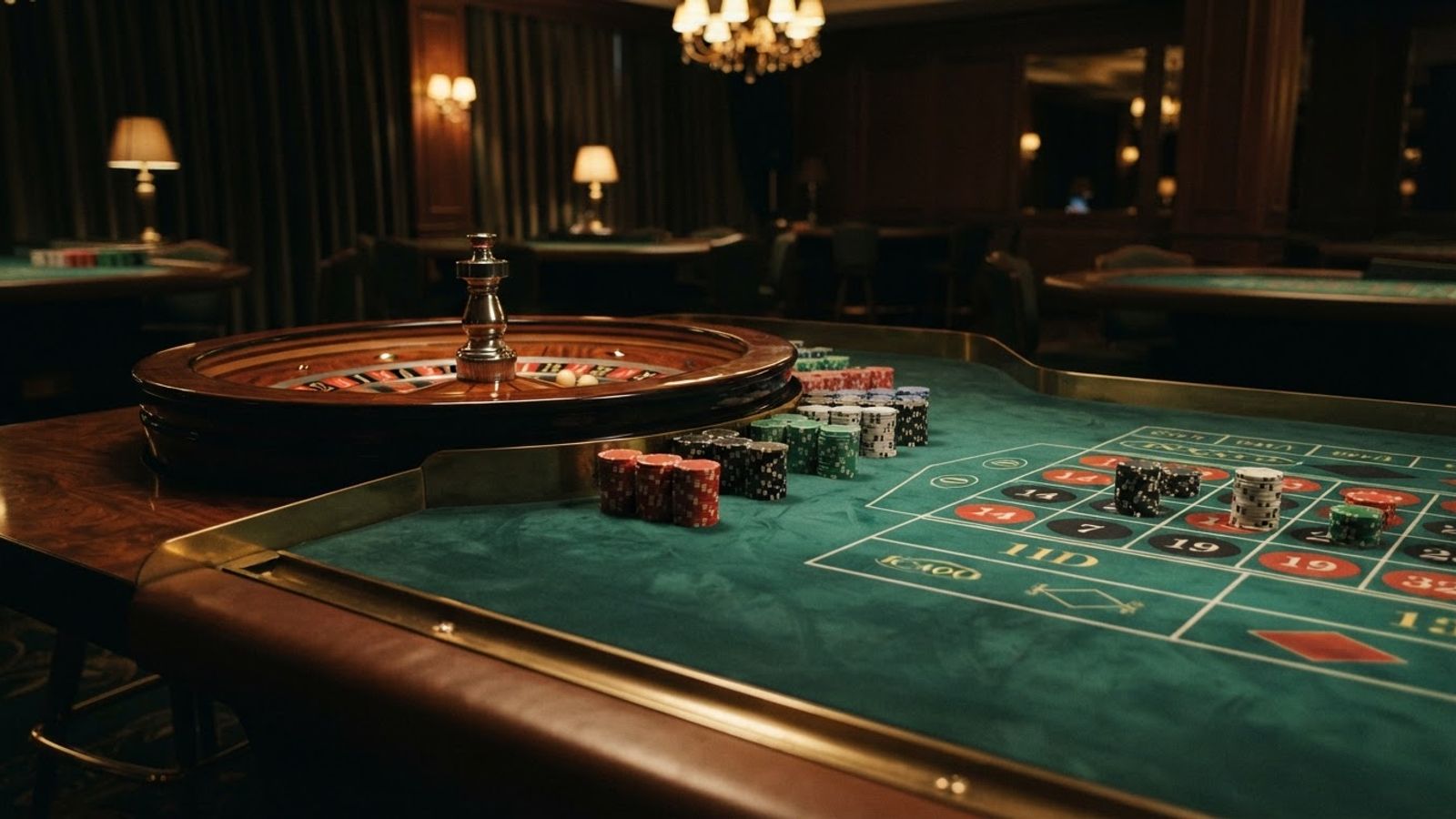 Roue de roulette et jetons sur table de casino