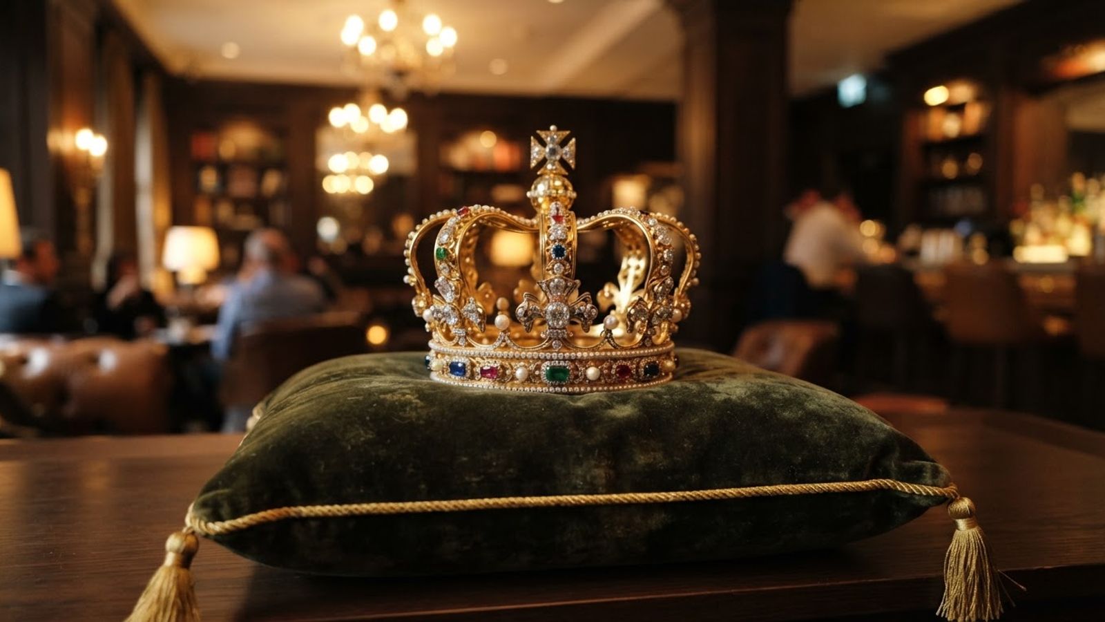Couronne dorée sur coussin de velours vert